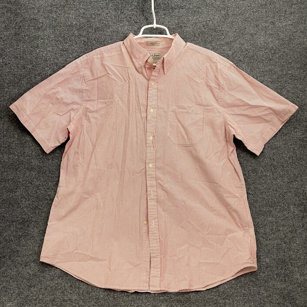 LL Bean Traditional Fit Shirt Mens Sz XL Button Up Striped Wrinkle Free Red